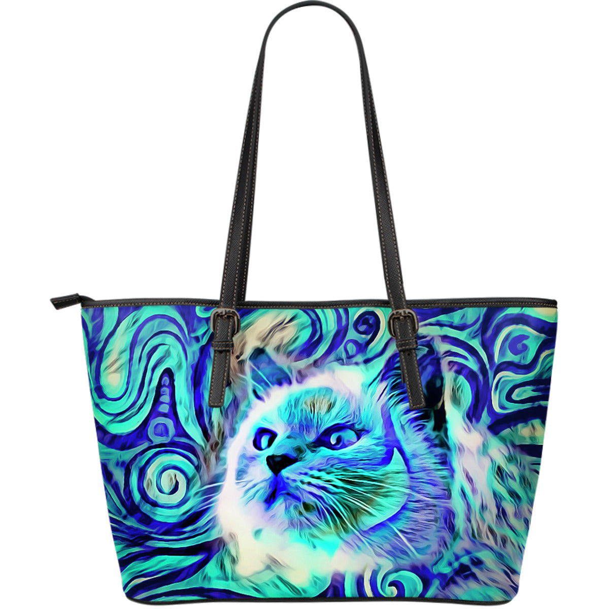 Blue Cat Leather Tote Bag - Modern Style