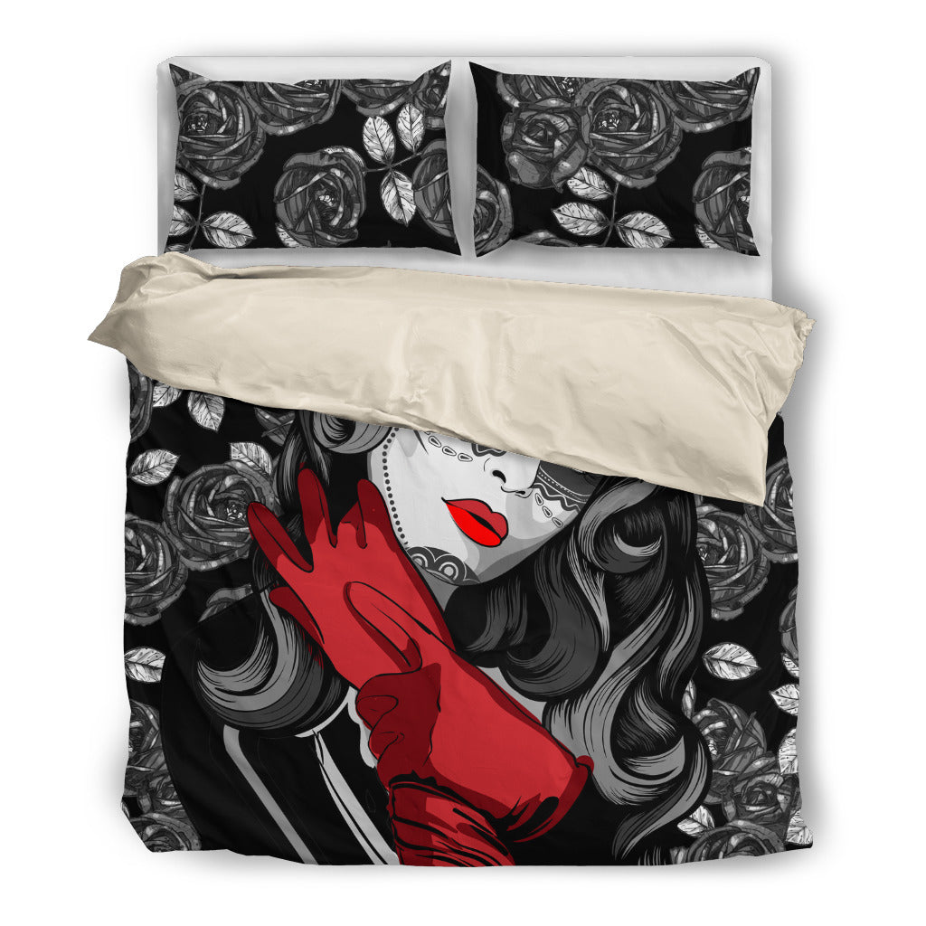 Black Roses and Skull Girl Bedding - Modern Style