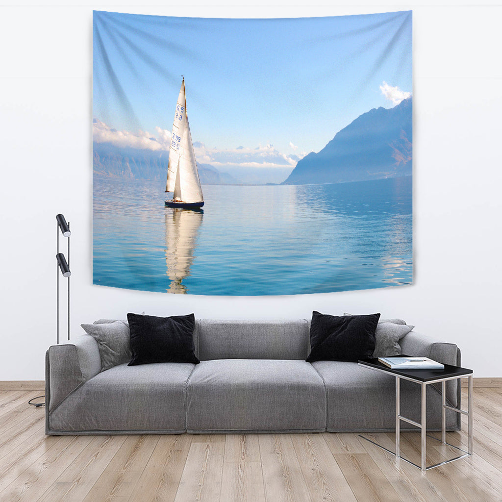 Sailboat On Mountain Lake Wall Tapestry