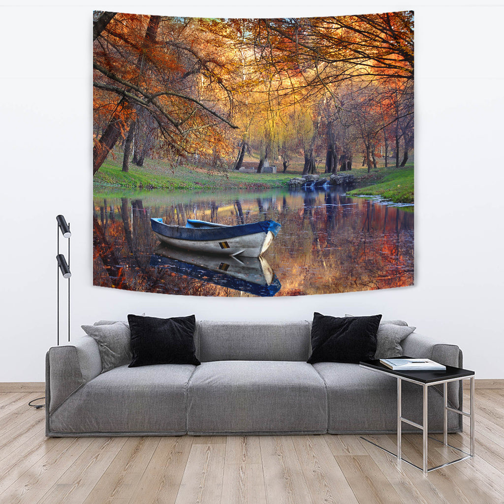 Boat On The Lake In The Autumnal Forest Wall Tapestry - Modern Style