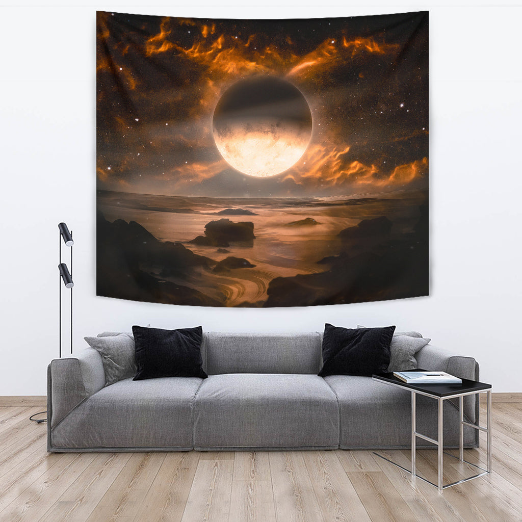 Fantasy Alien Planet with Flaming Moon Wall Papestry - Modern Style