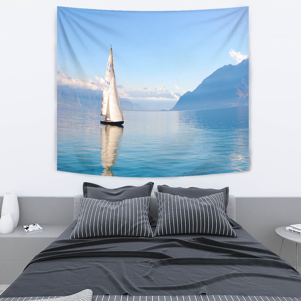Sailboat On Mountain Lake Wall Tapestry