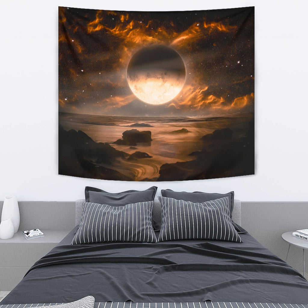 Fantasy Alien Planet with Flaming Moon Wall Papestry - Modern Style