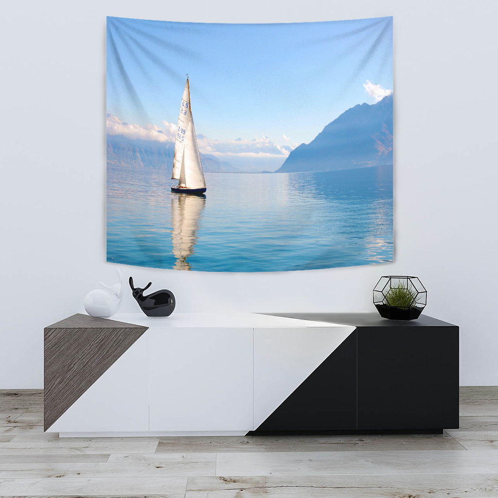 Sailboat On Mountain Lake Wall Tapestry