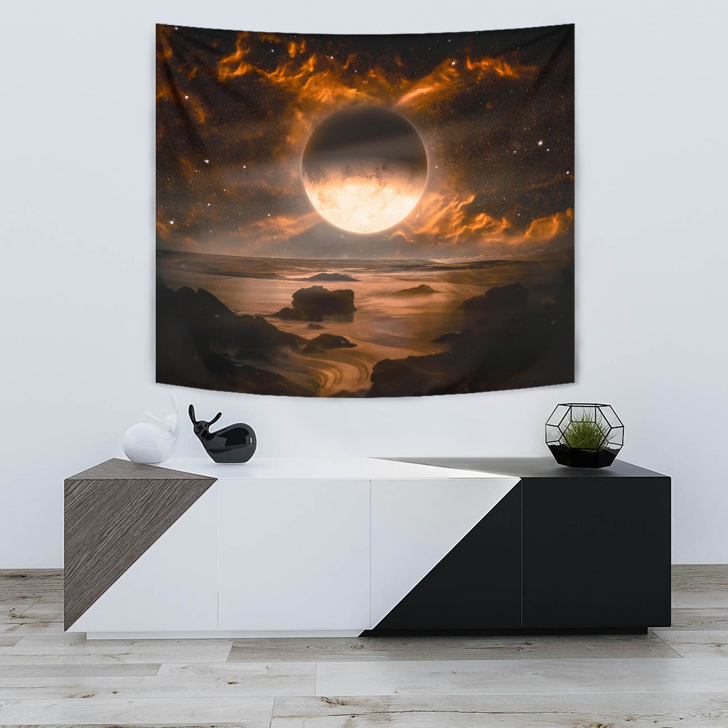 Fantasy Alien Planet with Flaming Moon Wall Papestry - Modern Style