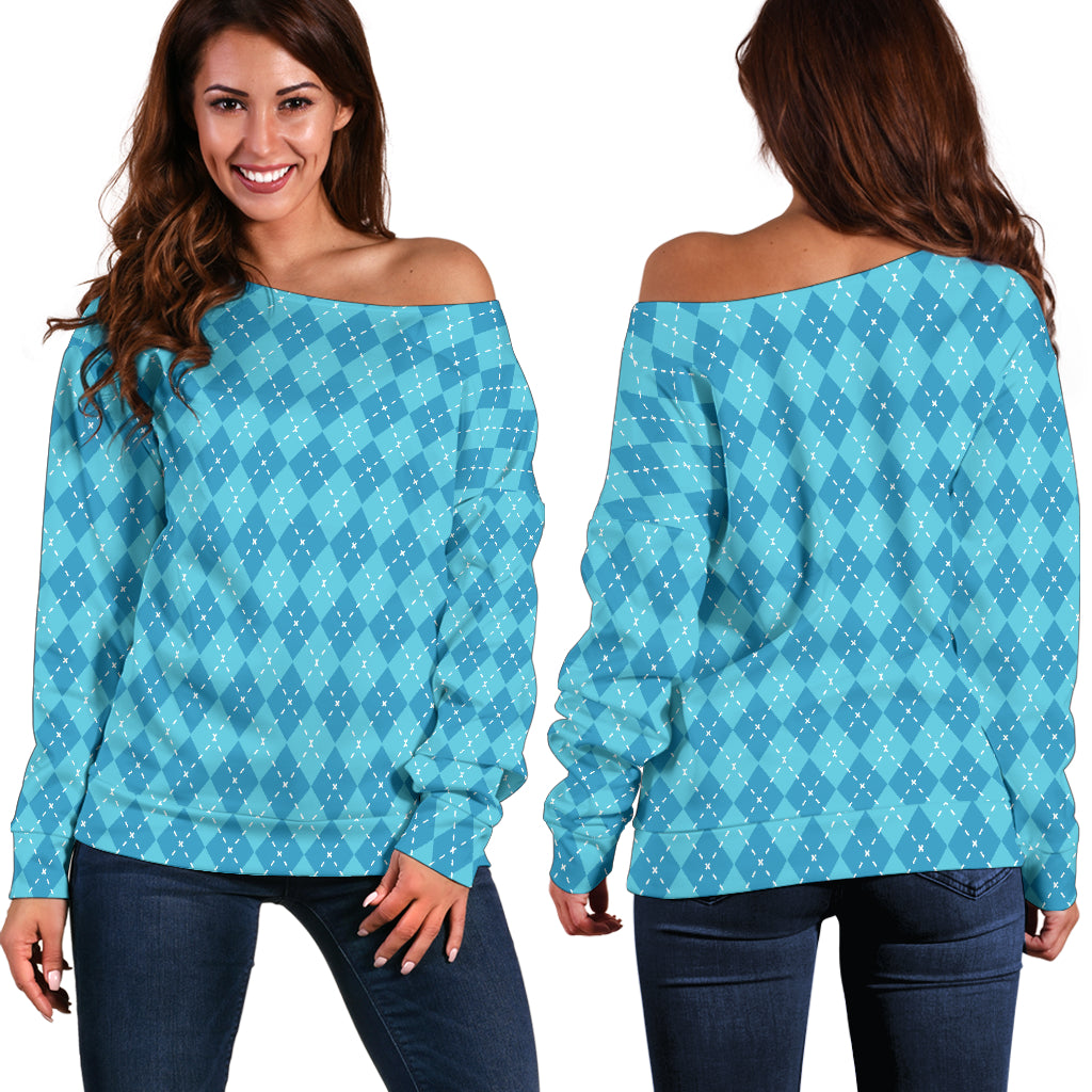 Blue Argyle Womens Off Shoulder Sweater - Modern Style