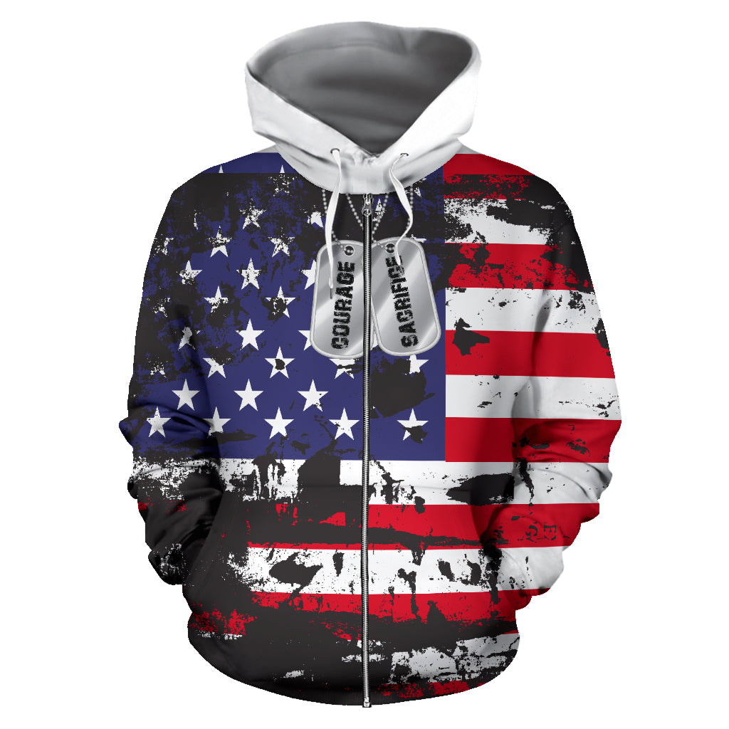 American Flag and Tags Zip-Up Hoodie - Modern Style