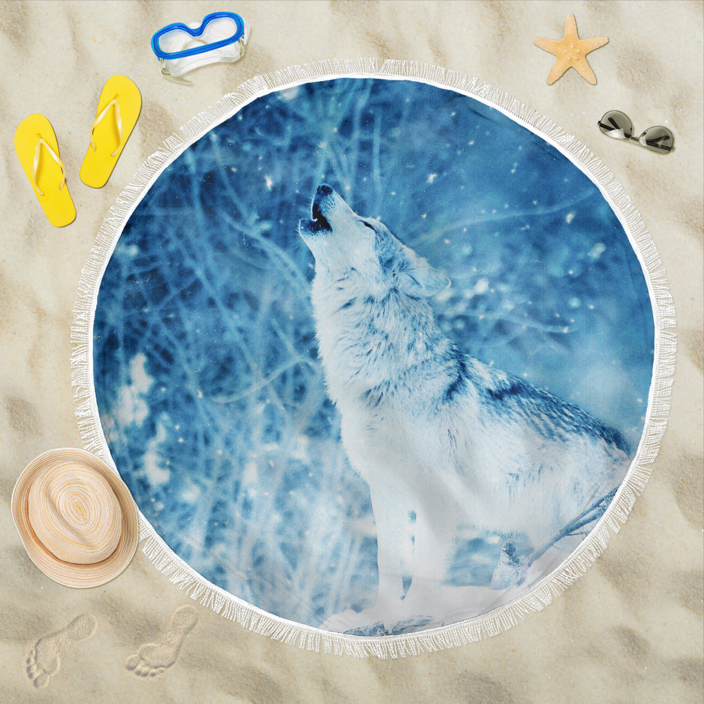 Wolf in Snow Print Beach Blanket 