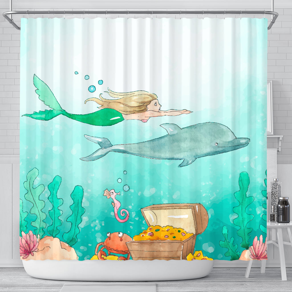 Mermaid Dolphin Water Color Shower Curtain