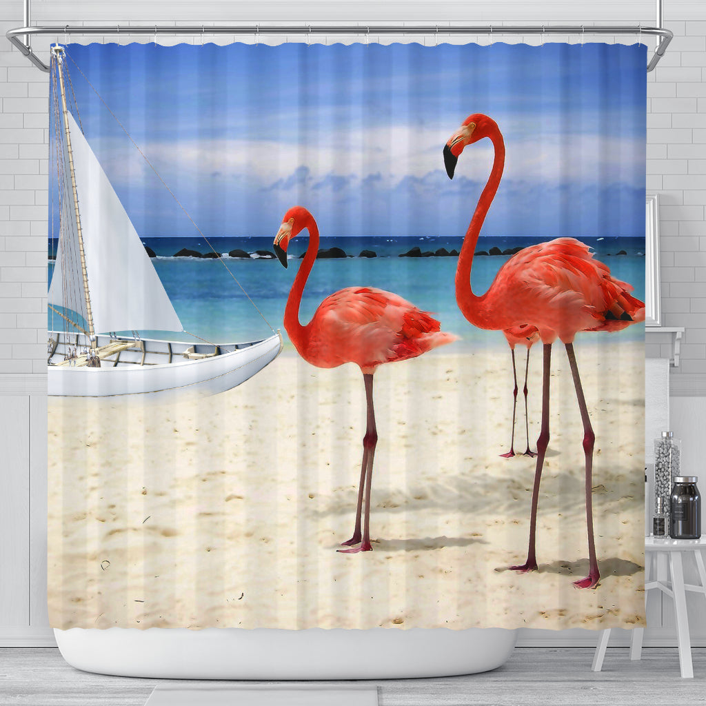 Beach And Flamingos Shower Curtain - Modern Style