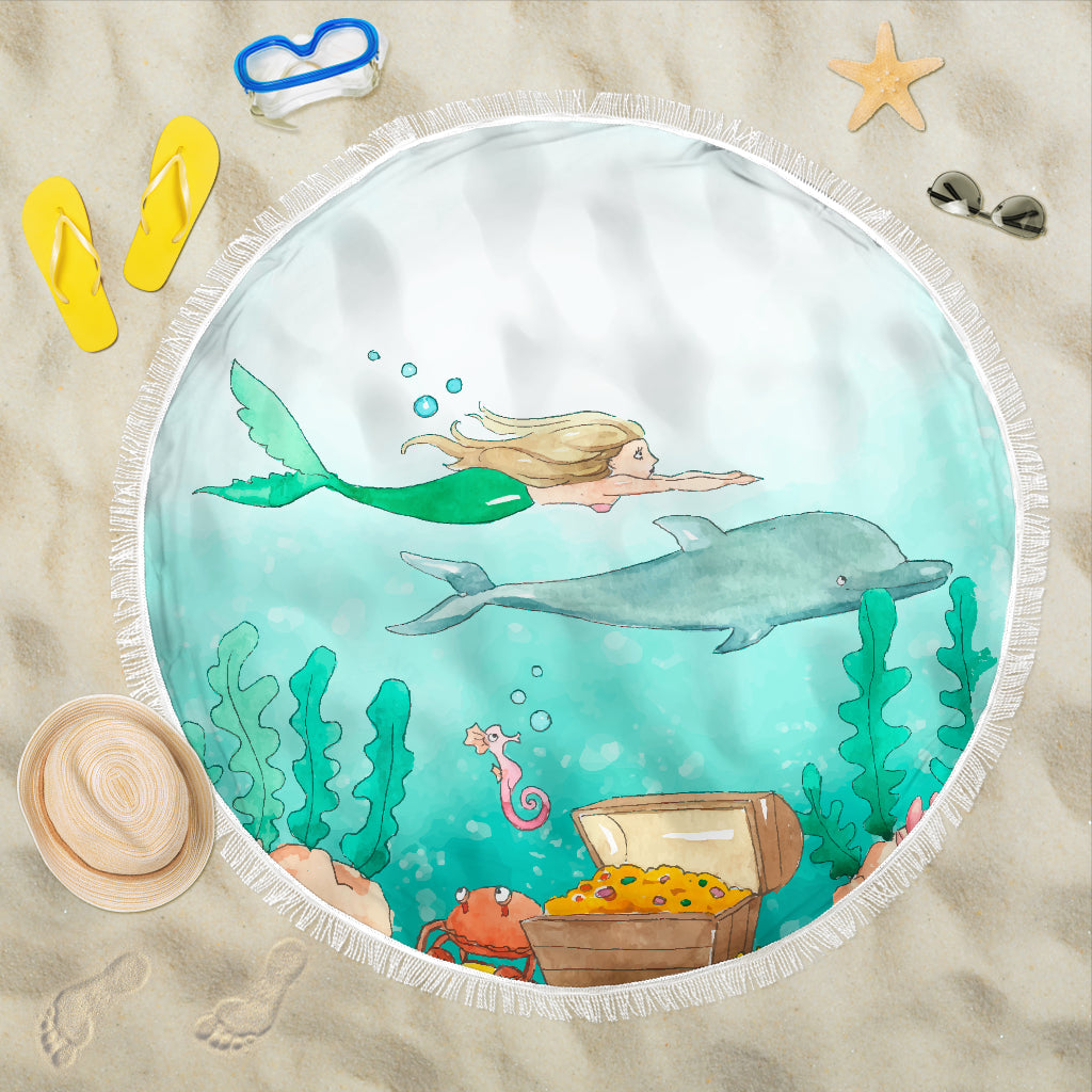 Mermaid Dolphin Water Color Beach Blanket