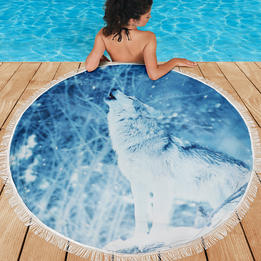 Wolf in Snow Print Beach Blanket 