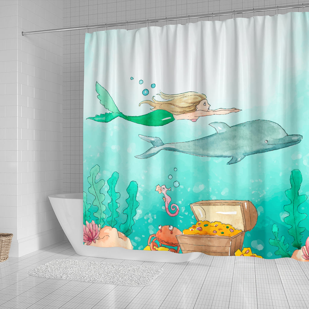 Mermaid Dolphin Water Color Shower Curtain