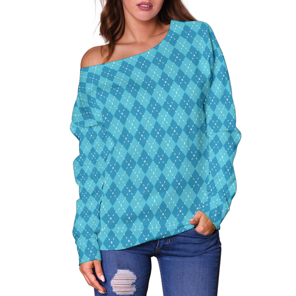 Blue Argyle Womens Off Shoulder Sweater - Modern Style