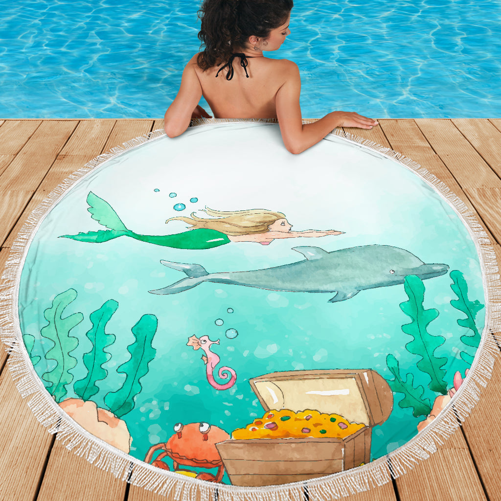 Mermaid Dolphin Water Color Beach Blanket
