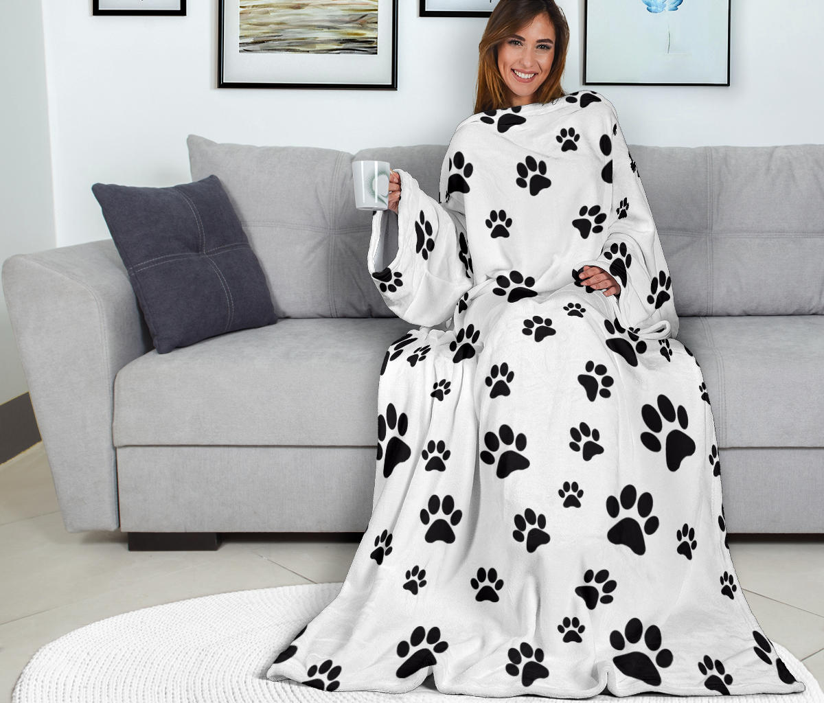 Paw Prints Adult Sleeve Blanket- White