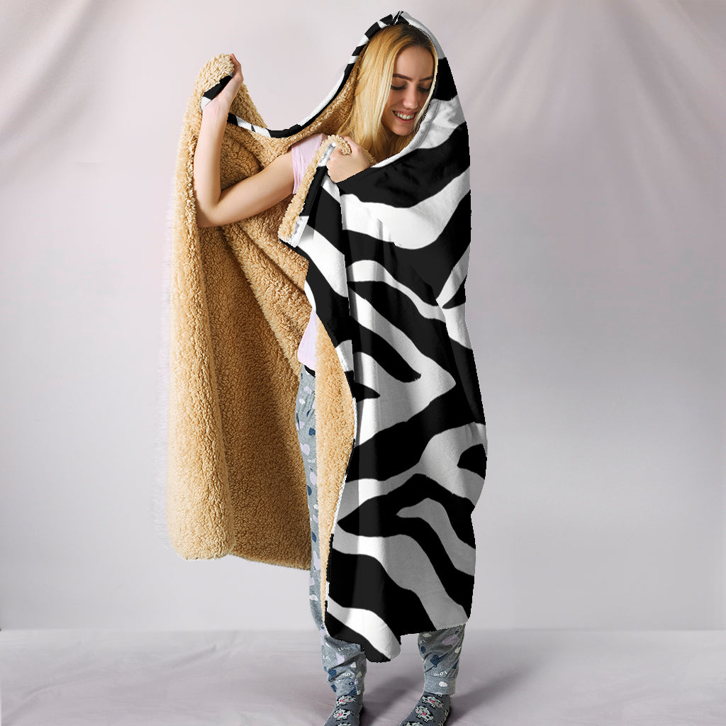 Zebra Print Plush Lined Wearable Hooded Blanket