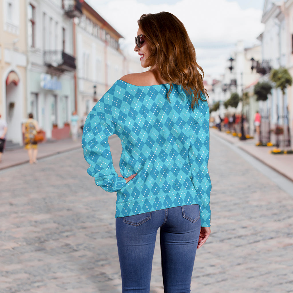 Blue Argyle Womens Off Shoulder Sweater - Modern Style