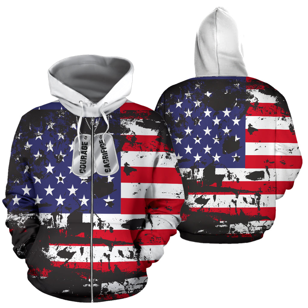 American Flag and Tags Zip-Up Hoodie - Modern Style