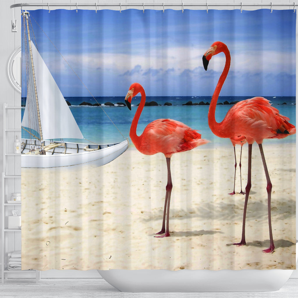 Beach And Flamingos Shower Curtain - Modern Style