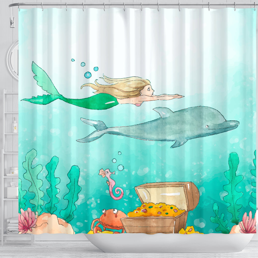 Mermaid Dolphin Water Color Shower Curtain