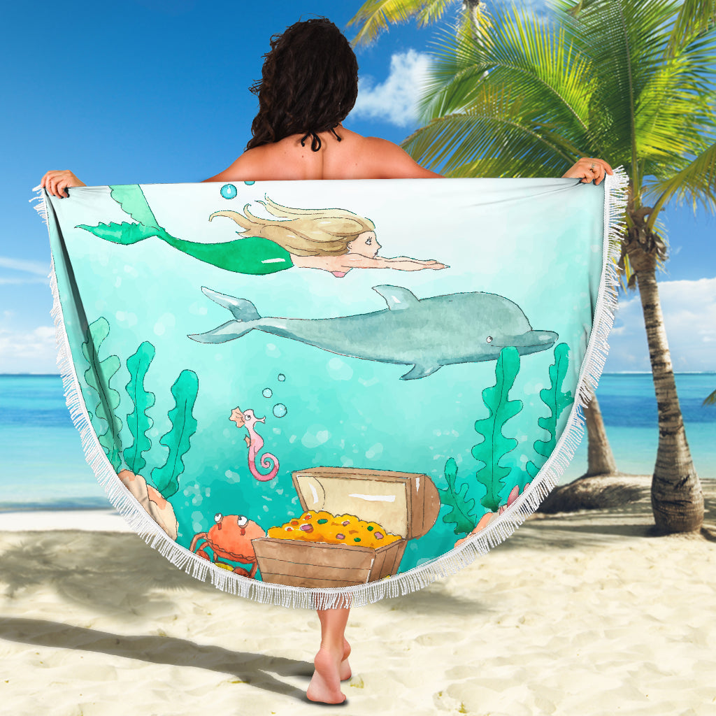 Mermaid Dolphin Water Color Beach Blanket