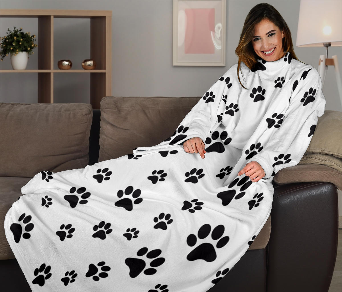 Paw Prints Adult Sleeve Blanket- White