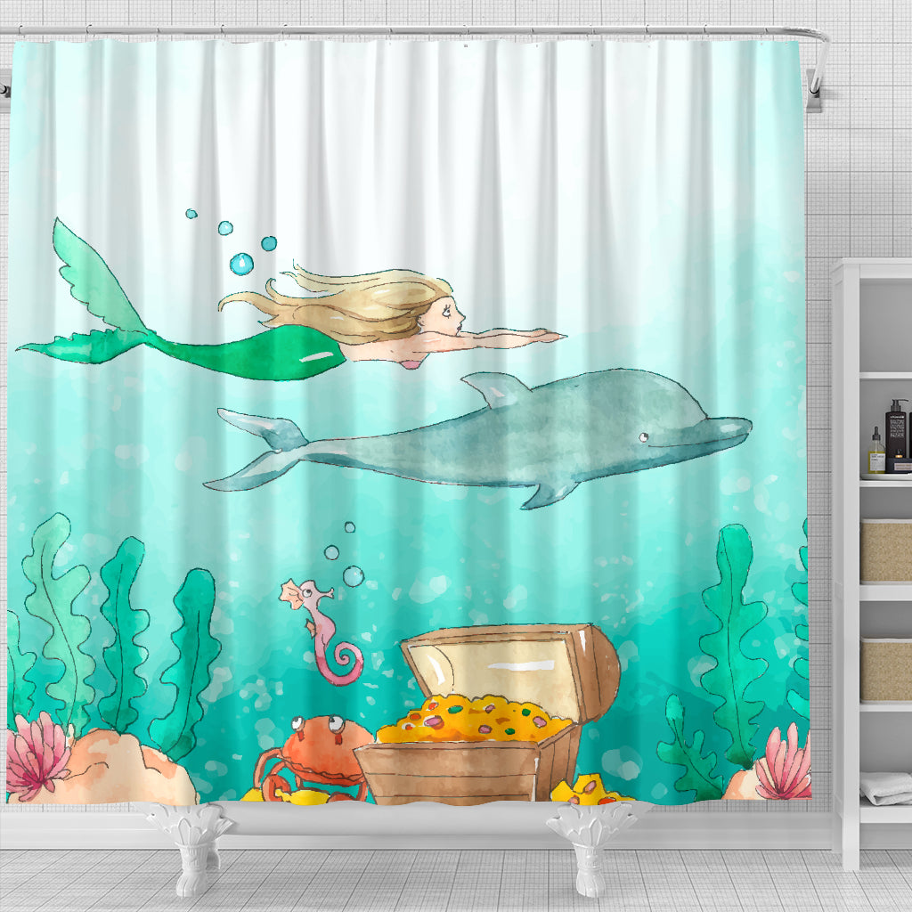Mermaid Dolphin Water Color Shower Curtain